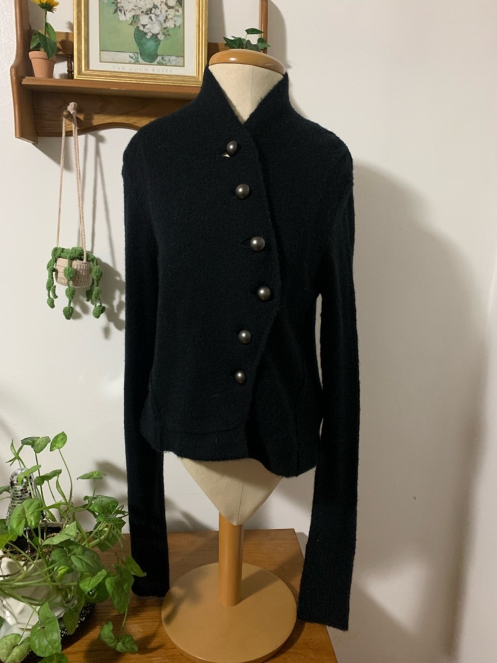 Free People Vtg Archived Military Style Wool Blend Black Shrunken Cardigan L
